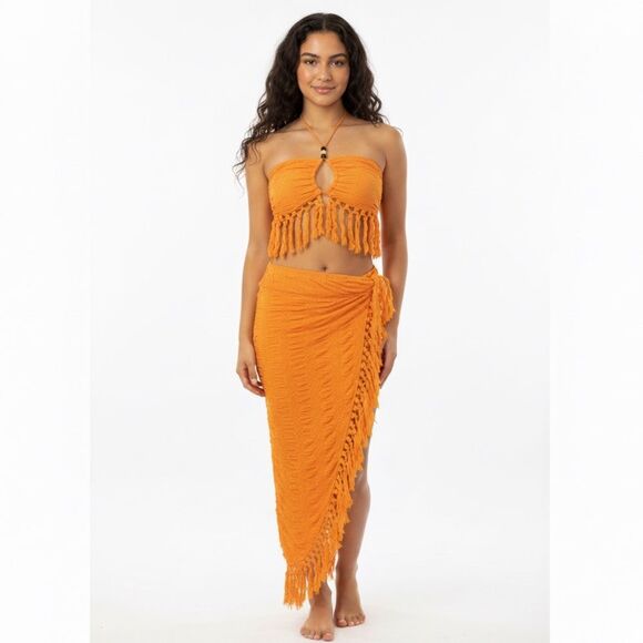 SHEIN Other - Shein Orange Crinkled Crochet Fringe Two-Piece Skirt Set Size Small